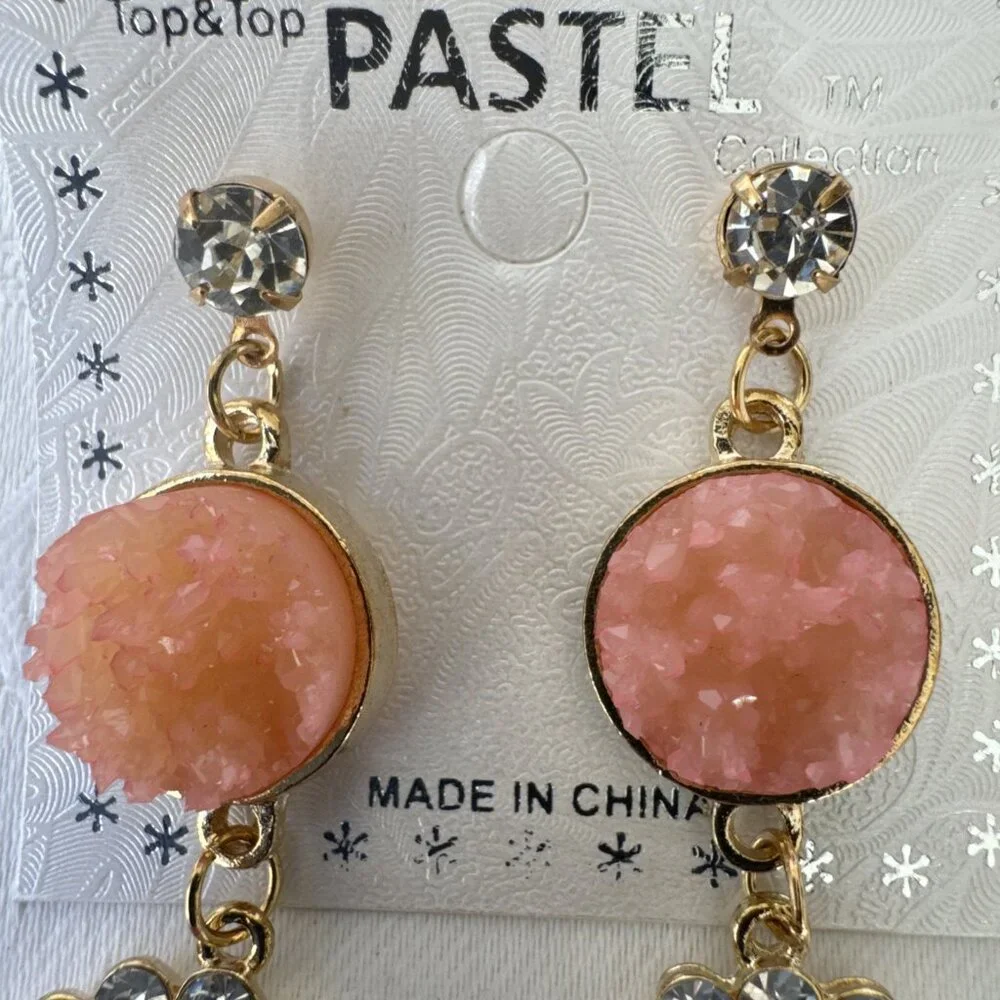 Pastel Faux Pink Stone Crystal Gold Rhinestone Earrings Dangle Drop Party NEW